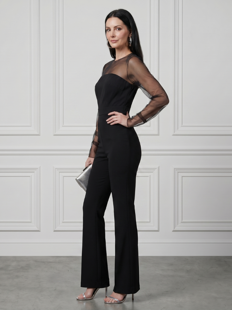 Oksana - Sheer Fitted Bodice Flared Leg Jumpsuit